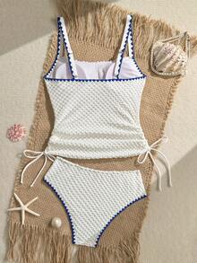 Swim Lushoire Mature Sexy Thin Striped Special Fabric Long Pants Swimsuit Top And High Waist Triangle Bikini Bottom 2 Pieces Set - White - View 4