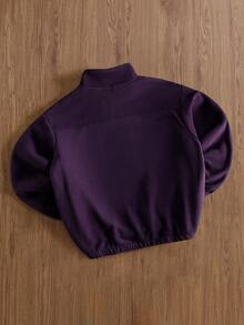 Manfinity Hypemode Sudadera holgada con cremallera frontal de cuarto y parche de franela para hombre, para otoño e invierno, top de manga larga - Morado Violeta - Ver 3