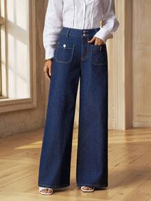 Selenza Women's Casual Versatile Everyday Denim Jeans With Pockets And Buttons Office Dark Blue Summer - Blue - View 7