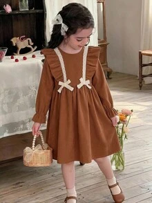 Blossori LMoss 女童圓領蝴蝶結裝飾百褶法式度假旅行洋裝 秋季服飾 - 咖啡 - 查看 1