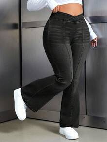 Flexra Plus Size Women's Fashion Casual Flare Jeans - Black - View 8