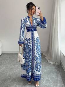 Elenzga Women's Floral Print V-Neck Button Elegant Midi Dress Fall Cloth For Women - Blue - View 6