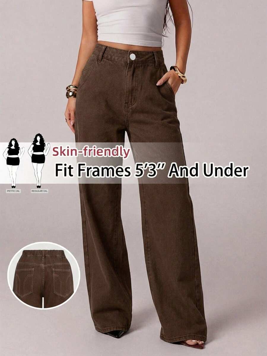 SHEIN PETITE CURVE 大码女式高腰口袋直筒宽松休闲百搭牛仔裤 - 棕色 - 查看 1