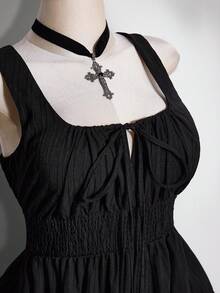 SHEIN ICON 女款大尺碼純色百褶休閒日常夏季洋裝 - 黑色 - 查看 6
