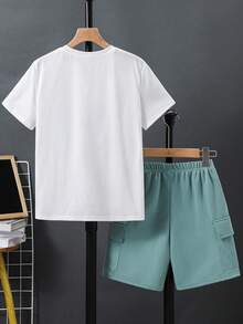 SHEIN 兒童青少年男孩字母印花T恤與工裝短褲套裝 - 綠色 - 查看 3