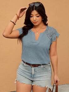 Elaquor Plus Size Women Solid Color Contrast Lace Raglan Short Sleeve Fashion T-Shirt - Baby Blue - View 4
