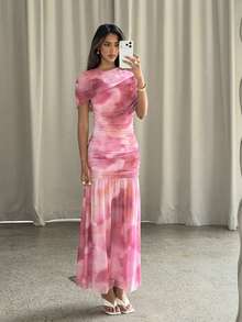 Aloruh Mesh Ruched Printed Elegant Extra Long Dress For Party, Date, Romantic Outfit - Multicolor - View 9