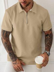 Manfinity Homme Camisa polo de manga corta con media cremallera y textura versátil para hombre - Caqui - Ver 1