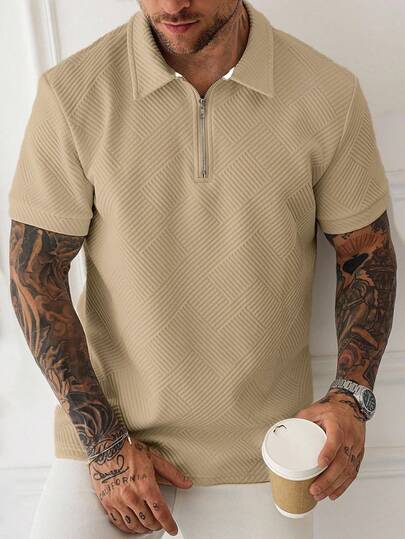 Manfinity Homme 男士百搭紋理拉鍊半開襟短袖 Polo 衫