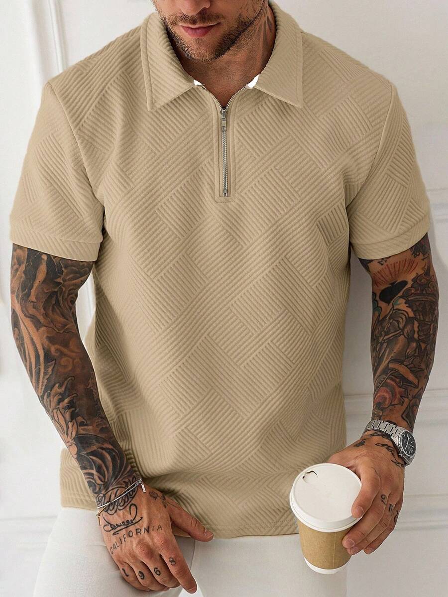 Manfinity Homme Camisa polo de manga corta con media cremallera y textura versátil para hombre - Caqui - Ver 1