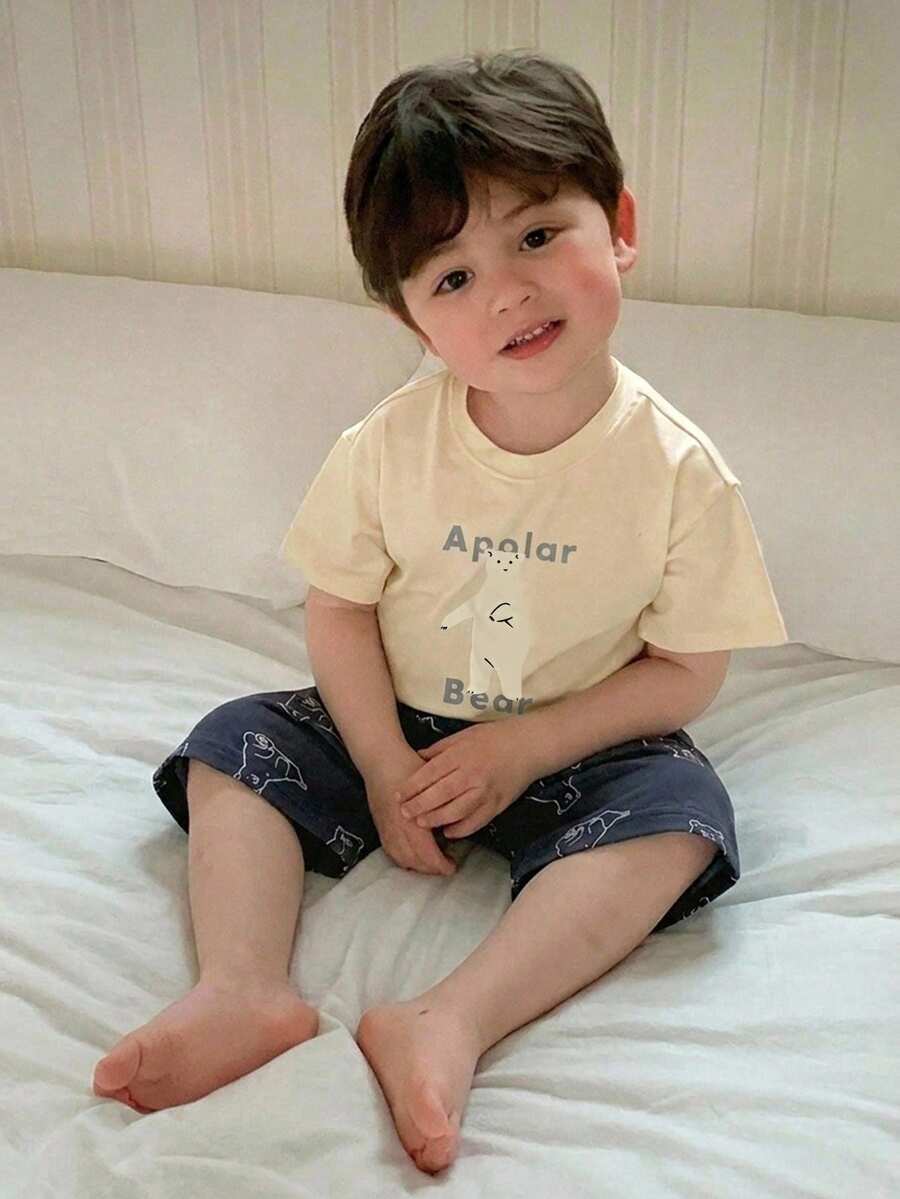 Hapijoa 男嬰圓領卡通休閒短袖T恤+卡通長褲居家服 夏季 - 藍白色 - 查看 1