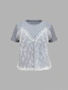 SHEIN MOD 大尺碼 2 合 1 蕾絲拼接圓領 T 恤 - 灰色 - 查看 3