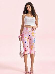 SHEIN X Care Bears Women's Cute Cartoon Print Lace Patchwork Cropped Leggings - Pink - View 7