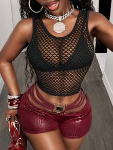 BamGleam Débardeur sans manches en résille noire style Hot Girl, top court sexy transparent en maille, couche intérieure/extérieure polyvalente - Noir - Voir 5