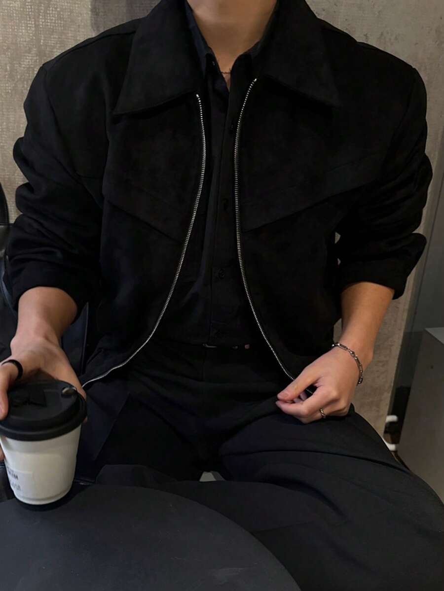 DAZY Autumn Solid Brown Suede Jacket And Coat For Men - Black - View 1