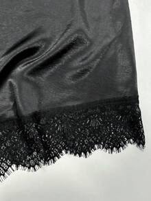 Elenzga Plus Size Solid Black Satin Halter Tie Backless Lace Patchwork Asymmetrical Hem Cami Tank Top Women Summer Going Out Top - Black - View 6