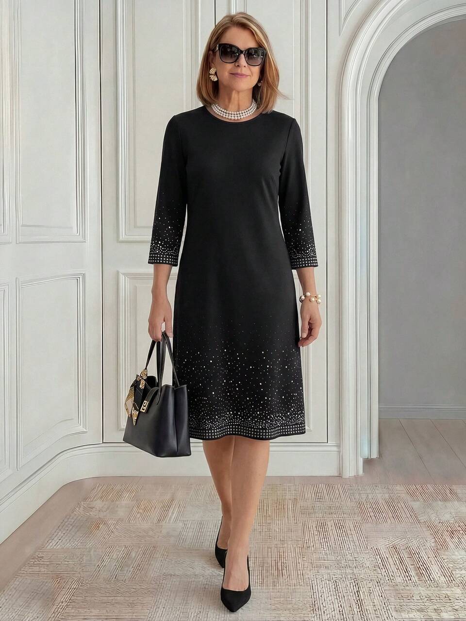 Round Neck 3/4 Sleeve Printed Mid-Length Dress For Middle-Aged Women