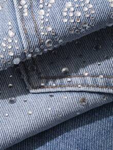 DAZY Atasan Jeans Kasual Gaya Korea Longgar Berhiaskan Rhinestone untuk Wanita - Biru - View 4