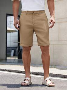 HIMLAND Men's Woven Solid Color Short Mid-Waist Slim Straight Leg Shorts, Knee Length, Suitable For Daily Outings, Spring And Summer Seasons - Brown - View 4