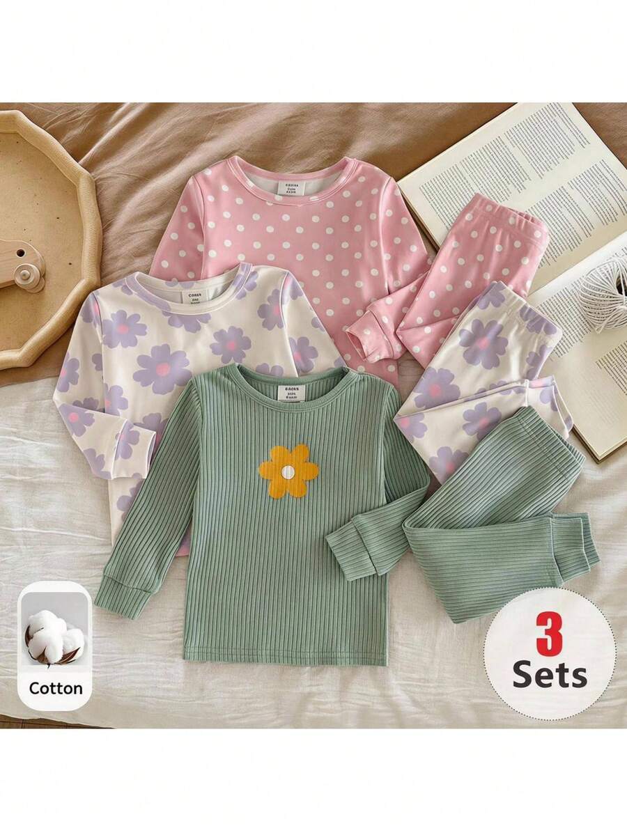 SHEIN Piyama Bayi Perempuan Pas Badan 3 Potong, Atasan Pullover Lengan Panjang Kerah Bulat Bergaris Motif Polkadot & Bunga, Celana Panjang Pinggang Elastis, Pas Badan - MultiWarna - View 1
