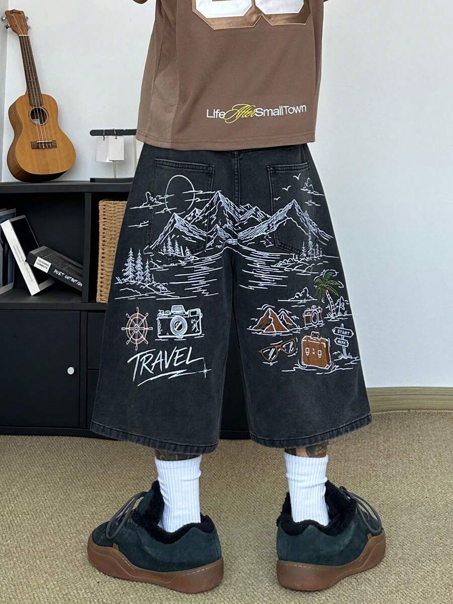 STEELVANCE 街頭風復古時尚百搭貓鬍鬚後口袋刺繡設計寬鬆直筒寬腿休閒夏季牛仔短褲(不含腰帶與配件) - 黑色 - 查看 1