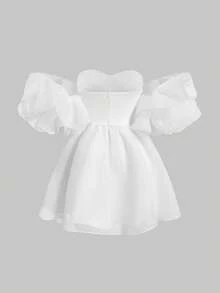 SHEIN MOD Women's Solid Color Off Shoulder Puff Sleeve Dress, Graduation Dress - White - View 3