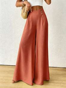 SHEIN Raffinéa Pantalones casuales de pierna ancha de unicolor para mujer para vacaciones - Rojo - Ver 6