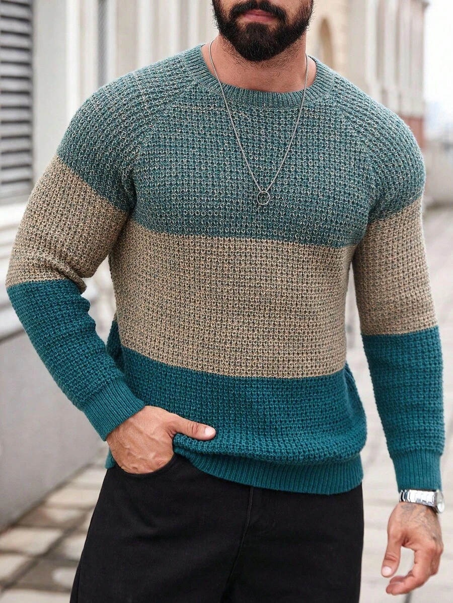 Manfinity Homme 男士大尺碼拼色休閒百搭日常穿著長袖針織衫 - 彩色 - 查看 1