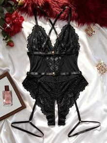 SHEIN Bộ đồ lót ren mỏng 2 mảnh (không dây/thắt lưng) dành cho nữ, gợi cảm khi đi chơi - màu đen - Xem 2