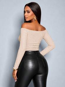 SOLERSUN Off Shoulder Ruched Crop Tee For Women, Textured Long Sleeve Slim Fit Sweetheart Neck T-Shirt - Apricot - View 2