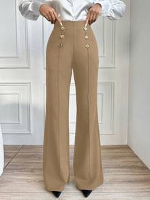 RueChic Ladies' Solid Color Pants With Button Decoration - Camel - View 7