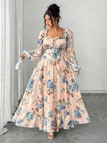 Elenzga Plus Size Women's Elegant French Lady Fashion Unique Ruffle Trim Puff Long Sleeve Cinched Waist Slim Fit Dress, Suitable For Daily Wear, Outings, Commuting - Pink - View 6