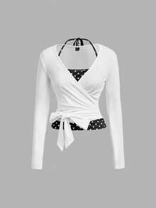 SHEIN MOD Blusa elegante para mujer de manga larga con lunares, cuello halter, superposición, cruzada y lazo lateral, blusas para mujer para fiesta, tops de manga larga para mujer - Blanco y Negro - Ver 4