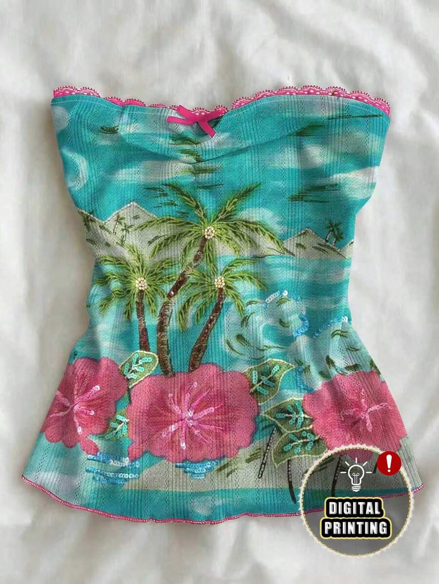 IslaSuriya [Printed Design] 2026 Summer Women Tropical Palm Tree Embroidered Strapless Tube Top Beaded Lace Trim Vacation Bandeau Top For Beach  - Multicolor - View 1