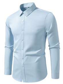 Manfinity Mode Camisa casual de unicolor de un solo pecho para hombres, para uso diario, viajes y desplazamientos - Celeste - Ver 3