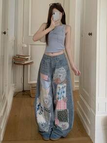 DAZY Women's Korean Style Plaid Gradient Streetwear Loose Versatile Fresh Spring Summer Denim Jeans Cute Tops - Blue - View 3