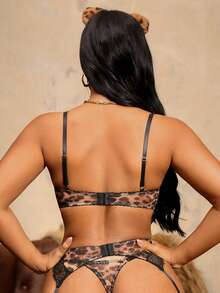 Spicy Aura 4-Piece Leopard Print Lace Patchwork Sexy Lingerie Set (Includes Bra + Garter Belt Panties + Stockings), European And American Style, Nightclub Hot Girl Erotic Lingerie, Push-Up Enhancing, Thin - Multicolor - View 2