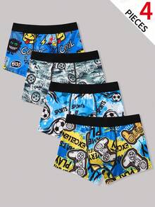 SHEIN 4件/組買2送2兒童青少年男孩內褲套裝，簡約舒適遊戲手把圖案塗鴉字母彈性腰頭四角內褲，黑色、紅色、藍色，適合春夏秋冬 - 彩色 - 查看 4