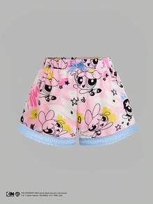 Sweetra THE POWERPUFF GIRLS X SHEIN 女款夏季卡通塗鴉印花荷葉邊短褲，辣妹風，適合居家與街穿 - 彩色 - 查看 1
