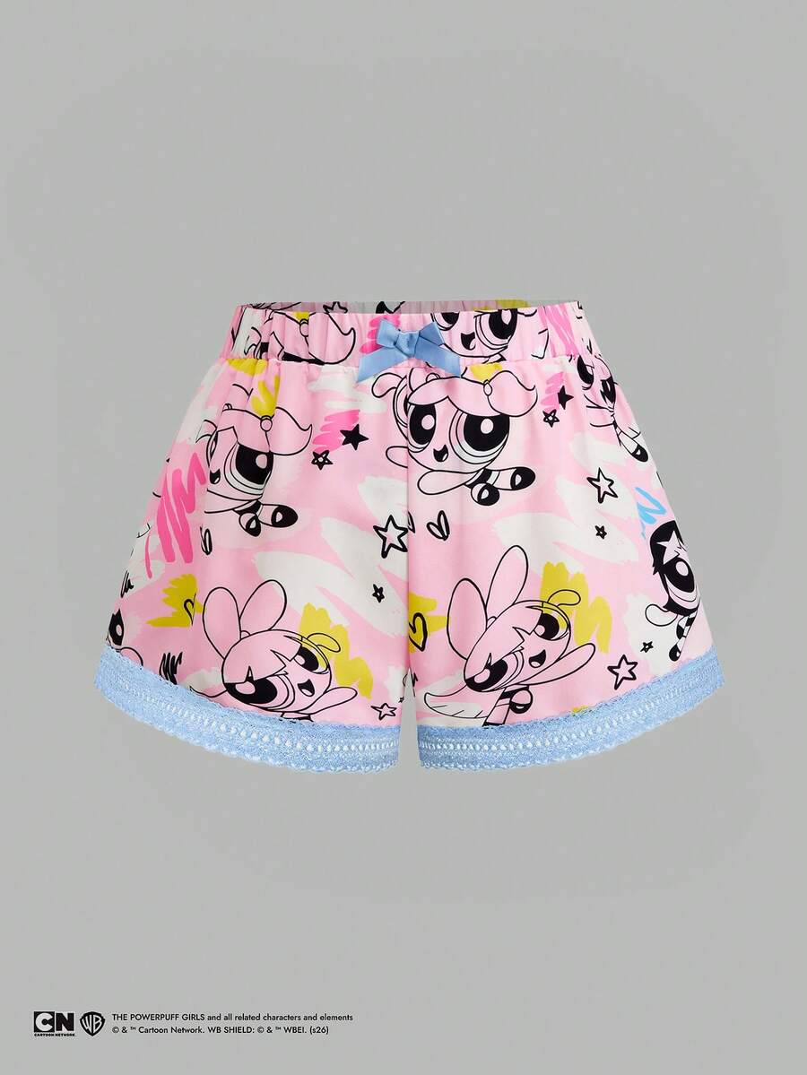 Sweetra THE POWERPUFF GIRLS X SHEIN 女款夏季卡通塗鴉印花荷葉邊短褲,辣妹風,適合居家與街穿 - 彩色 - 查看 1