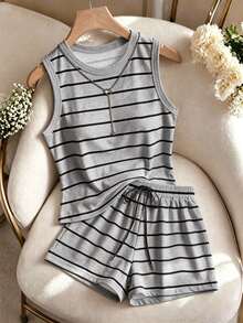 EMERY ROSE Plus Size Women's Black & Gray Striped Round Neck Tank Top And Drawstring Waist Shorts Casual 2-Piece Set, Comfortable For Summer Daily Wear - Multicolor - View 1