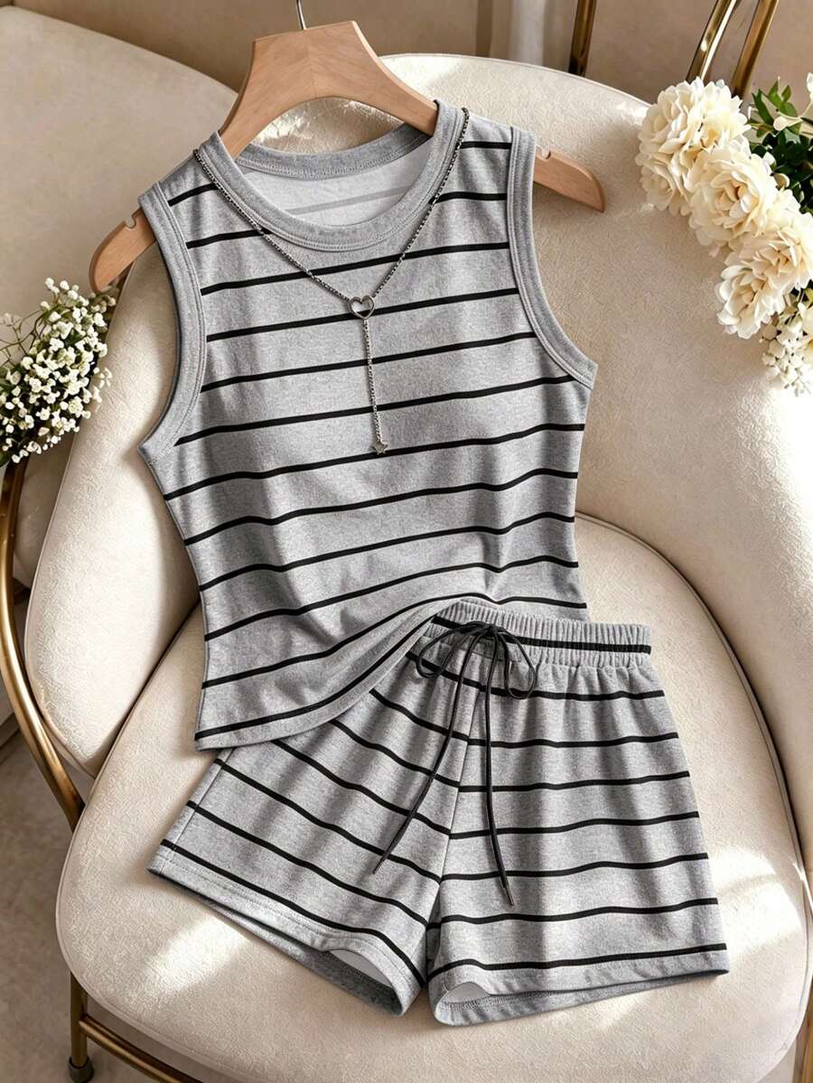 EMERY ROSE Plus Size Women's Black & Gray Striped Round Neck Tank Top And Drawstring Waist Shorts Casual 2-Piece Set, Comfortable For Summer Daily Wear - Multicolor - View 1