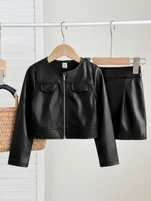 SHEIN 少女黑色長袖外套與緊身迷你裙套裝 秋冬款 - 黑色 - 查看 1