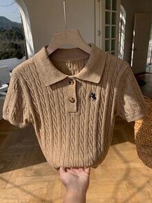Comfortcana Women's Equestrian Embroidered Short Sleeve Button Half-Placket Knit Top - Khaki - View 8