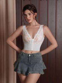 Myrelith 1件女款白色蕾絲拼接塑形上衣 - 白色 - 查看 5