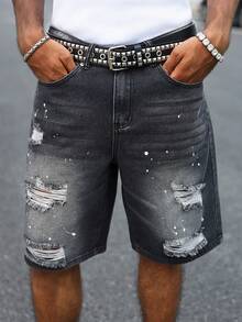 Manfinity EMRG Men's Black Distressed Ripped Paint Splatter Denim Shorts, Street Style Straight Leg Knee-Length - Black - View 7