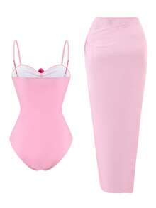 Bonvoyette Swim Oasis 2件組女款夏季純色細肩帶海星裝飾長裙與連身泳衣套裝 - 彩色 - 查看 4