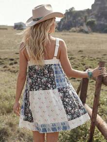 Wildy Gaun Pendek Tanpa Lengan dengan Tali Bahu, Motif Renda Patchwork Gaya Kasual Gaya Barat untuk Wanita di Musim Panas, Cocok untuk Jalan-jalan dan Berpergian. - MultiWarna - View 3