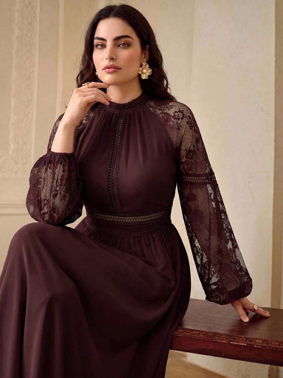 ZEYLAH Elegant Romantic Lace Patchwork Fitted A-Line Long Dress Spring Summer