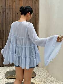 Dazy Plus Plus Size Round Neck Ruffle Flare Sleeve Chiffon Patchwork Tie-Front French A-Line Pullover Blouse, Spring/Summer Long Sleeve Vacation - Baby Blue - View 1